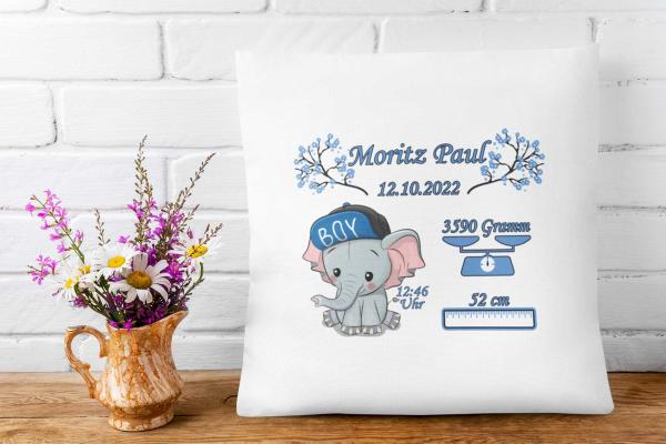 Geburtsgeschenk Kissen 40x40 cm personalisiert - Blau