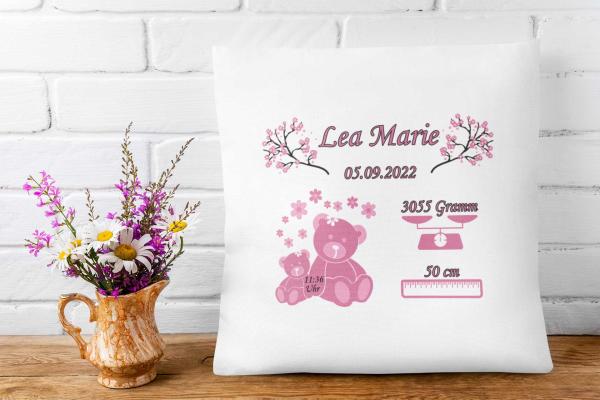 Geburtsgeschenk Kissen 40x40 cm personalisiert - Rosa